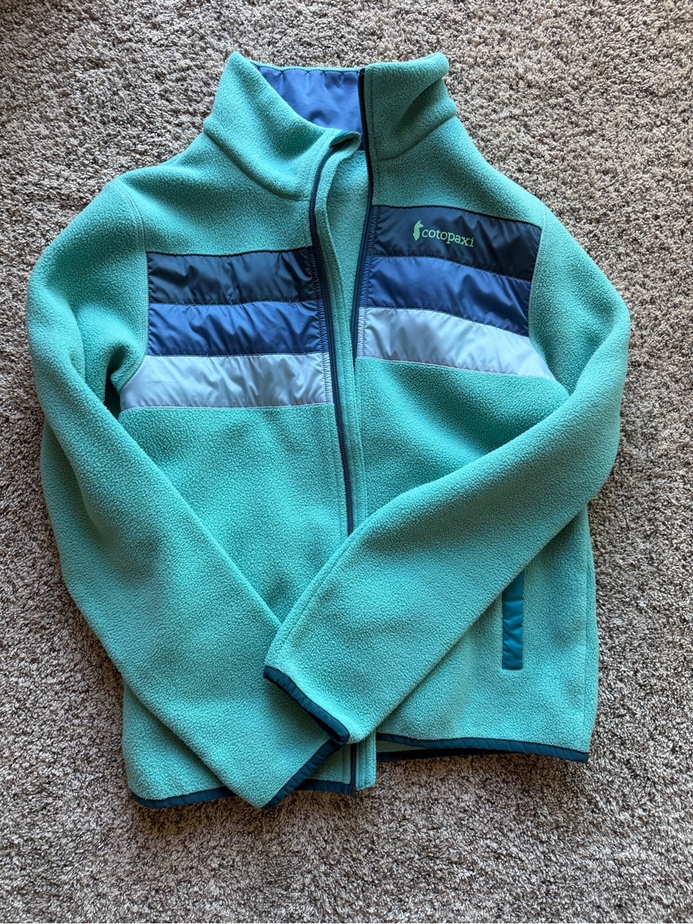 cotopaxi Teal Fleece Jacket with Navy and Light Blue Panels